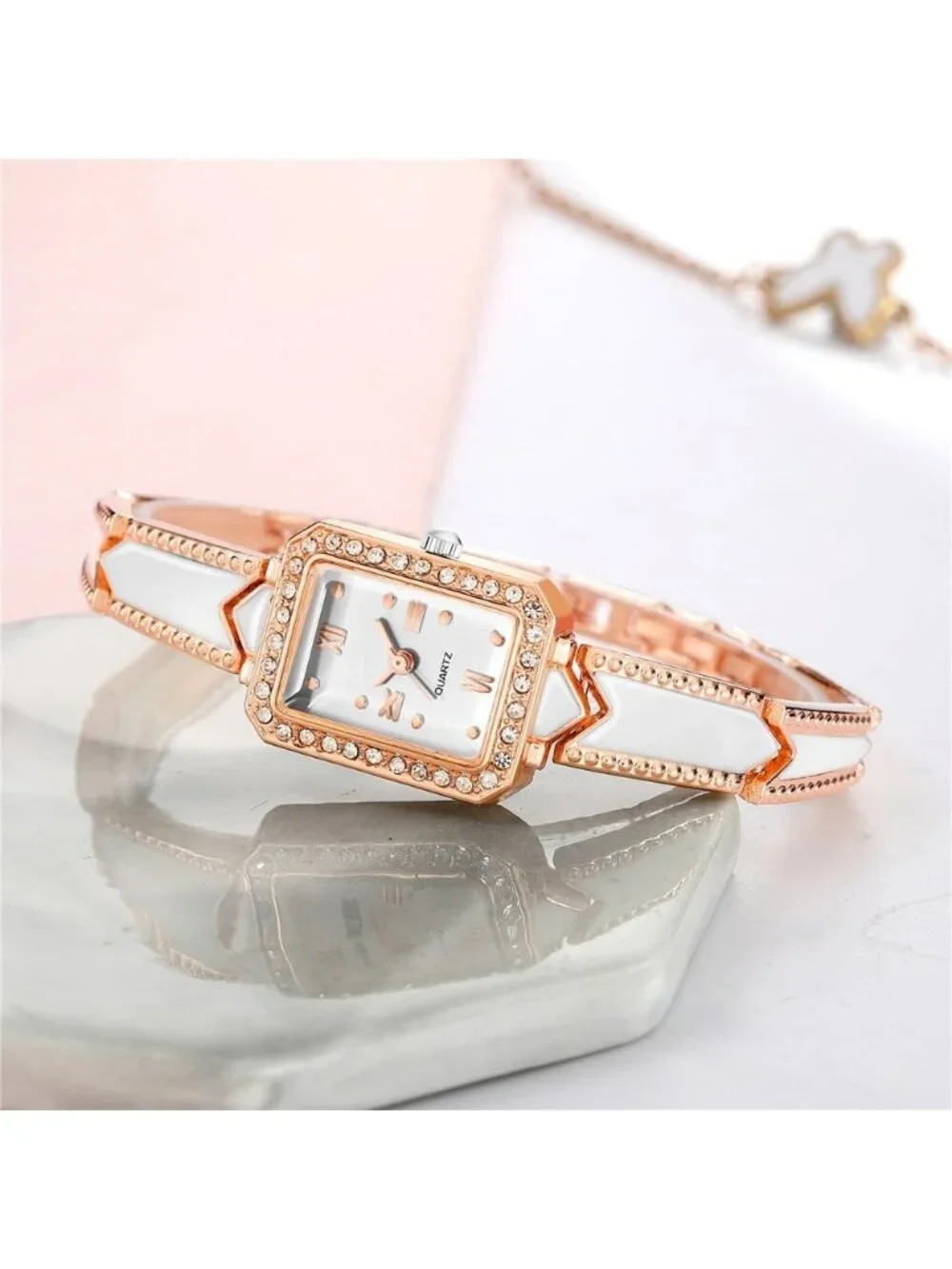 Women's Rose Gold Crystal Diamond Bracelet Luxury Fashion Dress Quartz Watch